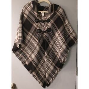 Woman Brown Tartan Plaid Toggle Button Poncho Wrap Hooded Sweater Soft One Size